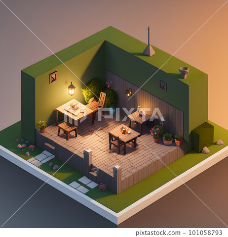Cozy backyard area during nighttime, dining table and decoration, ai generated 101058793