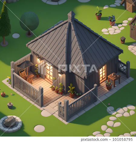 Cozy backyard area during nighttime, dining table and decoration, ai generated 101058795