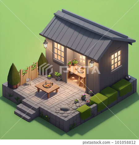 Cozy backyard area during nighttime, dining table and decoration, ai generated 101058812