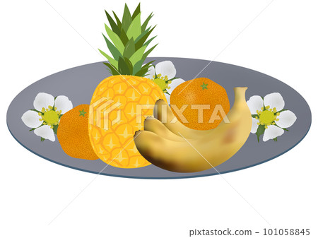 《一盤3種水果》鳳梨橘子香蕉灰盤花卉圖案 101058845