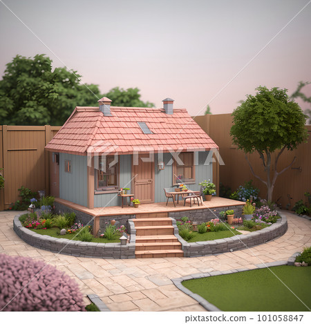 Cozy backyard area with wooden fence, dining table and decoration, ai generated 101058847