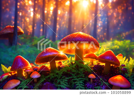 Fantasy glowing mushrooms in the forest in rays of sunset, low angle view, bright acid colors. AI generated 101058899