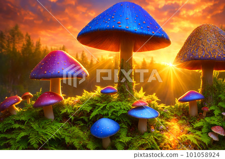 Fantasy glowing mushrooms in the forest in rays of sunset, low angle view, bright acid colors. AI generated 101058924