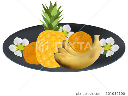 《盤中三種水果》菠蘿橘子香蕉藍盤花卉圖案 101059100