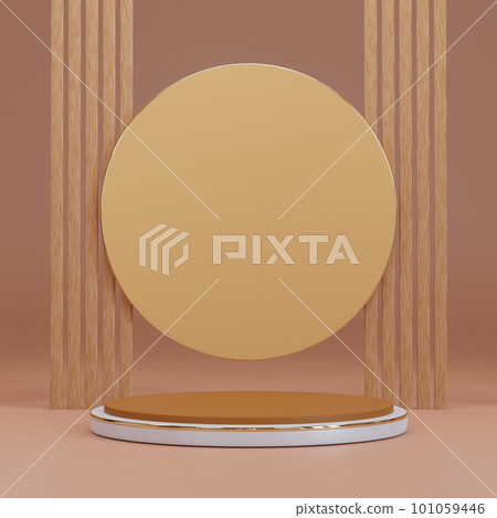 brown and white cylinder pedestal podium with circle shape backdrop and brown battens. abstract pastel brown color. 3d rendering brown and white cylinder pedestal podium with circle shape backdrop and brown battens. abstract pastel brown color. 3d rendering 101059446
