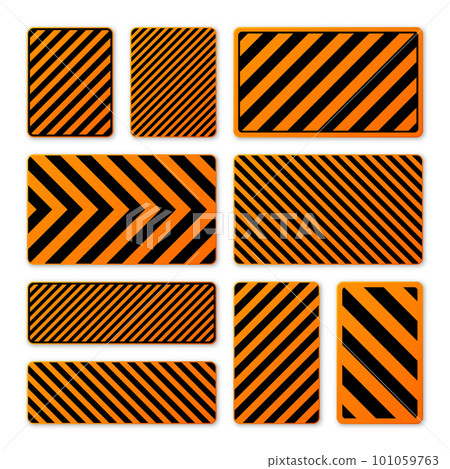 Various black and orange warning signs with diagonal lines. Attention, danger or caution sign, construction site signage. Realistic notice signboard, warning banner, road shield. Vector illustration Various black and orange warning signs with diagonal lines. Attention, danger or caution sign, construction site signage. Realistic notice signboard, warning banner, road shield. Vector illustration 101059763