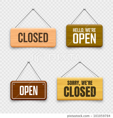 Wooden open or closed hanging signboards. Made of wood door sign for cafe, restaurant, bar or retail store. Announcement banner, information signage for business or service. Vector illustration Wooden open or closed hanging signboards. Made of wood door sign for cafe, restaurant, bar or retail store. Announcement banner, information signage for business or service. Vector illustration 101059784