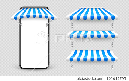 Smartphone with shop sunshade and metal mount, online internet shopping. Realistic blue striped cafe awning. Outdoor market tent. Roof canopy. Summer street store. Vector illustration Smartphone with shop sunshade and metal mount, online internet shopping. Realistic blue striped cafe awning. Outdoor market tent. Roof canopy. Summer street store. Vector illustration 101059795