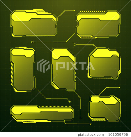 Yellow futuristic HUD, UI elements. Sci-fi user interface text boxes, callouts. Warning message frames, information boxes template. Modern game interface layout in digital style. Vector illustration Yellow futuristic HUD, UI elements. Sci-fi user interface text boxes, callouts. Warning message frames, information boxes template. Modern game interface layout in digital style. Vector illustration 101059796