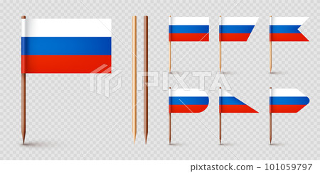 Realistic various Russian toothpick flags. Souvenir from Russia. Wooden toothpicks with paper flag. Location mark, map pointer. Blank mockup for advertising and promotions. Vector illustration Realistic various Russian toothpick flags. Souvenir from Russia. Wooden toothpicks with paper flag. Location mark, map pointer. Blank mockup for advertising and promotions. Vector illustration 101059797