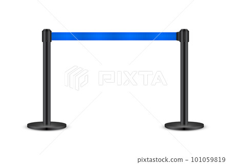 Realistic blue retractable belt stanchion. Crowd control barrier posts with caution strap. Queue lines. Restriction border and danger tape. Attention, warning sign. Vector illustration Realistic blue retractable belt stanchion. Crowd control barrier posts with caution strap. Queue lines. Restriction border and danger tape. Attention, warning sign. Vector illustration 101059819