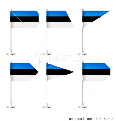 Realistic various Estonian table flags on a chrome steel pole. Souvenir from Estonia. Desk flag made of paper or fabric, shiny metal stand. Mockup for promotion and advertising. Vector illustration Realistic various Estonian table flags on a chrome steel pole. Souvenir from Estonia. Desk flag made of paper or fabric, shiny metal stand. Mockup for promotion and advertising. Vector illustration 101059822