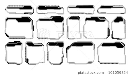 Black futuristic HUD or UI elements. Sci-fi user interface text boxes, callouts. Warning message frames, information boxes template. Modern game interface layout in digital style. Vector illustration 101059824