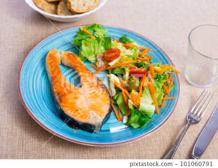 Delicious dish of seared salmon served with salad on side 101060791