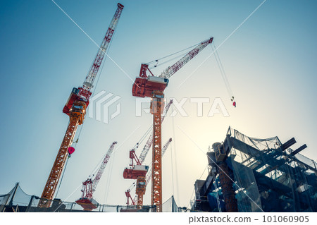 Tokyo Redevelopment Construction around Takanawa Gateway Station and cranes 2023.03 g-5 Warm colors added 101060905