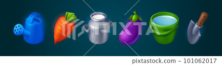 Cartoon set of farm game icons on dark background 101062017