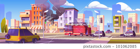Burning city building and firefighter truck vector 101062085