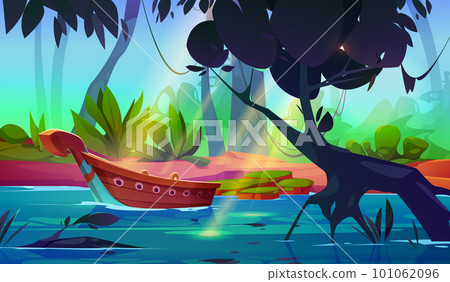 Jungle forest landscape with river and boat 101062096