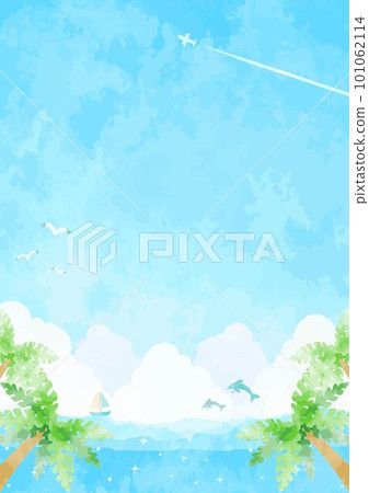 Hand drawn landscape illustration with sea, blue sky and palm trees 101062114