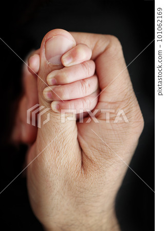 A newborn baby after birth clings tightly to the finger of the parents. Close-up of a small hand of a child and the palm of a mother and father. The concept of education, child care and healthcare. A newborn baby after birth clings tightly to the finger of the parents. Close-up of a small hand of a child and the palm of a mother and father. The concept of education, child care and healthcare. 101062169