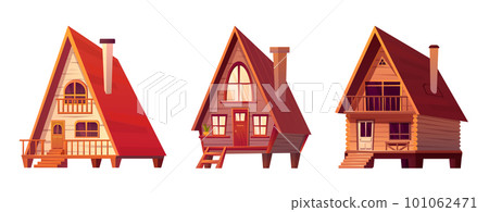 Cabins, wooden houses in forest, mountain village 101062471