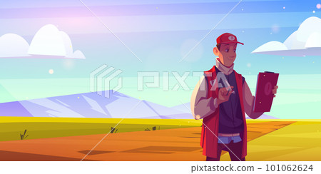 Man checking plot land for sale. Sell field scene Man checking plot land for sale. Sell field scene 101062624