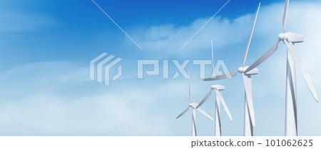 Realistic 3D wind turbines on blue sky background 101062625