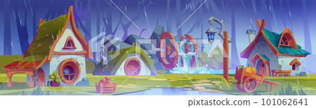 Forest village with gnome houses in rain 101062641