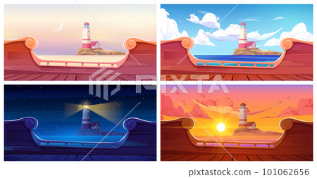 Lighthouse island view from old wooden ship board Lighthouse island view from old wooden ship board 101062656