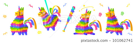 Cartoon set of rainbow unicorn pinata and bat Cartoon set of rainbow unicorn pinata and bat 101062741