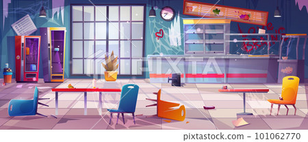 Dirty cafeteria with mess and broken furniture 101062770