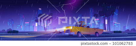 Car drive on city street in rain at night 101062783