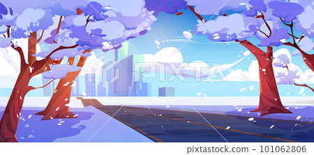 Winter city park with falling snow on road 101062806