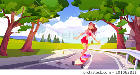 Girl riding on skateboard on road 101062811