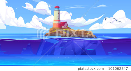 Lighthouse on rocky island. Sea vector landscape 101062847