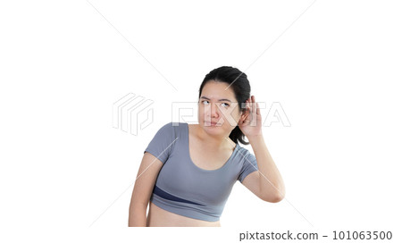 Asian woman eavesdropping or overhearing secret conversation isolated on white background, Gossip, Listening, white background studio portrait. Asian woman eavesdropping or overhearing secret conversation isolated on white background, Gossip, Listening, white background studio portrait. 101063500