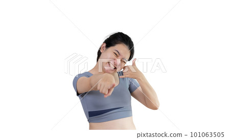 Call sign, Bright young asian woman inviting to call isolated on white background, Suggest to call or invite to apply for membership, Isolated on white background. Call sign, Bright young asian woman inviting to call isolated on white background, Suggest to call or invite to apply for membership, Isolated on white background. 101063505
