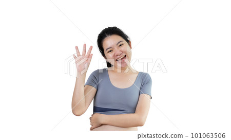 Waving hand in hi, Asian woman smiling friendly greeting, Hello,nice to meet you,say hi, Say hi and greet you, Welcome new people Join a multicultural team, Goodbye, Isolated on white background. Waving hand in hi, Asian woman smiling friendly greeting, Hello,nice to meet you,say hi, Say hi and greet you, Welcome new people Join a multicultural team, Goodbye, Isolated on white background. 101063506