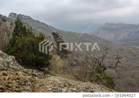 Landscape of Karadag Reserve in spring. View of different rocks. Crimea 101064027