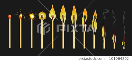 Burning match animation, stages of matchstick ignition from whole new to complete combustion and charring vector sprite sheet. Match stick with normal, burning and burnt sulphur cartoon sequence frame Burning match animation, stages of matchstick ignition from whole new to complete combustion and charring vector sprite sheet. Match stick with normal, burning and burnt sulphur cartoon sequence frame 101064202