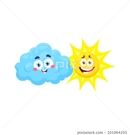 Cartoon cloud and sun weather characters. Vector personages with cute playful faces. Blue fluffy smiling cloud and yellow solar with happy expression. Climate forecast for sunny and cloudy day 101064203