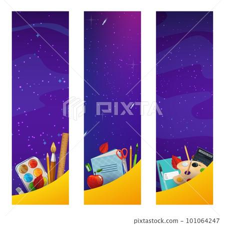 School education banners with galaxy starry space, stars and planets, cartoon school supplies and stationery. Vector pencil, pen, copybook and eraser, calculator and ruler on space stars background 101064247