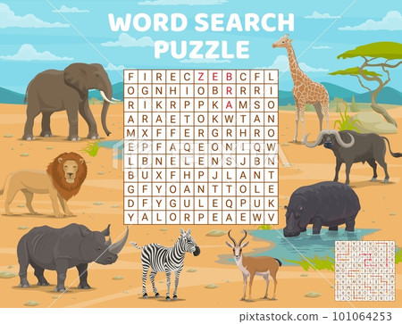 Word search puzzle game. Cartoon african savannah animals. Vector educational worksheet, quiz grid for children with antelope giraffe, zebra or rhino, buffalo, elephant, lion, cheetah and hippo Word search puzzle game. Cartoon african savannah animals. Vector educational worksheet, quiz grid for children with antelope giraffe, zebra or rhino, buffalo, elephant, lion, cheetah and hippo 101064253