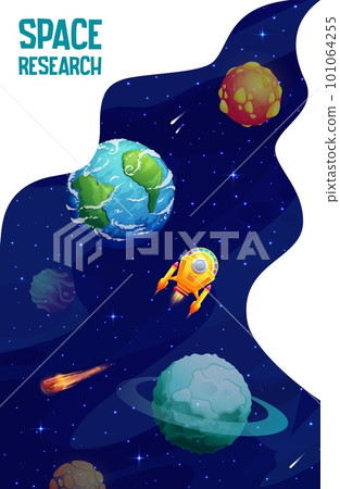 Space landing page. Cartoon galaxy planets, stars and spaceship near earth. Cosmos and Universe exploring and investigation vector poster with shuttle flying in sky with colorful solar system objects Space landing page. Cartoon galaxy planets, stars and spaceship near earth. Cosmos and Universe exploring and investigation vector poster with shuttle flying in sky with colorful solar system objects 101064255