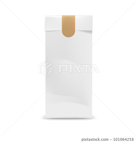 White paper package with sticker mockup. Isolated vector takeout bag for fast food, 3d pack template for identity or branding design. Realistic takeaway pouch mock up, blank box for coffee and tea White paper package with sticker mockup. Isolated vector takeout bag for fast food, 3d pack template for identity or branding design. Realistic takeaway pouch mock up, blank box for coffee and tea 101064258