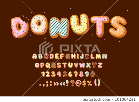 Donut font type, cartoon alphabet typeface letters, vector bakery sweet food numbers. Donut font alphabet with cookie cake candy or chocolate pastry typeset for birthday, typography and ABC text Donut font type, cartoon alphabet typeface letters, vector bakery sweet food numbers. Donut font alphabet with cookie cake candy or chocolate pastry typeset for birthday, typography and ABC text 101064281