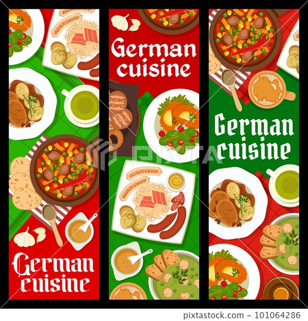 German cuisine banners, Bavarian food dishes and meals, vector restaurant menu. German cuisine traditional schnitzel, sauerkraut and bread with beer and pork meat or liverwurst sausages and pretzel 101064286