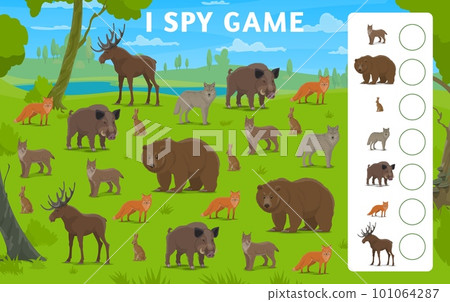 I spy game cartoon hunting forest animals and birds. Vector boardgame worksheet, guessing playing activity with , boar, bear, moose or elk, fox, hare and lynx standing on green lawn at summer wood I spy game cartoon hunting forest animals and birds. Vector boardgame worksheet, guessing playing activity with , boar, bear, moose or elk, fox, hare and lynx standing on green lawn at summer wood 101064287