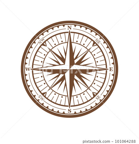 Vintage compass wind rose, medieval nautical navigation sign. Isolated vector maritime symbol for marine travel and orienteering in ocean. Windrose retro element for map and cartography direction 101064288