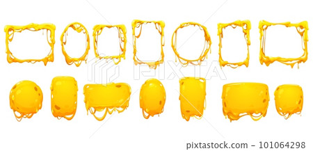 Cheese melt frames and borders of yellow sauce drips, vector Cheddar, Parmesan or Mozzarella. Cheese melting frames and borders of yellow cartoon cheesy flows for picture or photo background 101064298